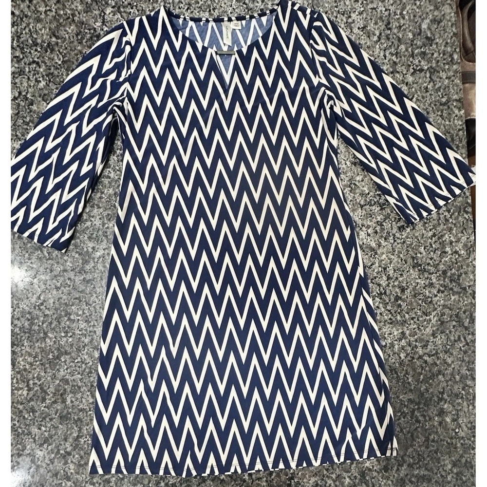 Tacera Navy White Chevron V-Neck Bell Sleeve Shift Dress 5509KP PM Petite Medium